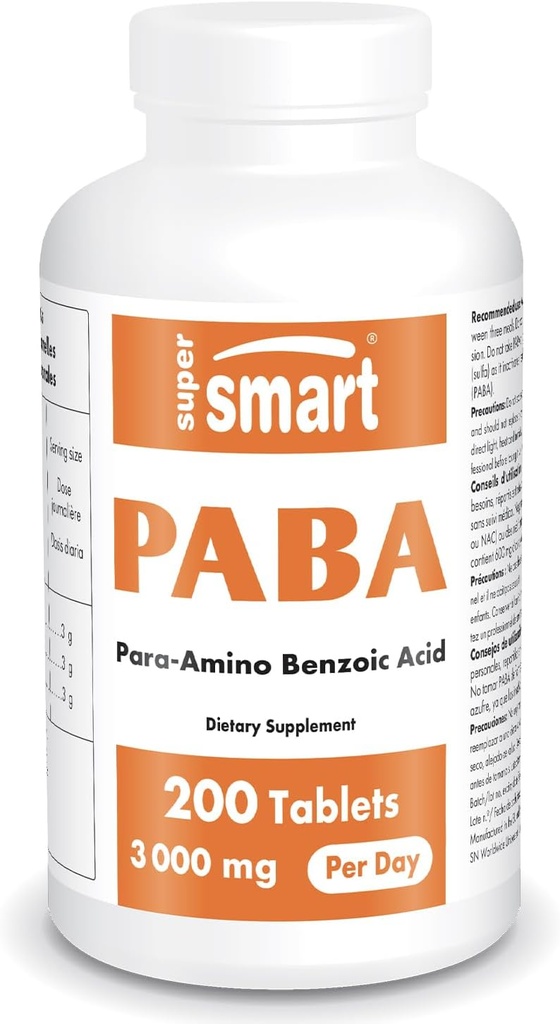 Supersmart - Συμπλήρωμα PABA 3000mg ανά ημέρα (παρα-Αμινοβενζοϊκό οξύ) - Φυσική B Complex Βιταμίνη - Διαλυτή νερού PABA  Tabletισκία