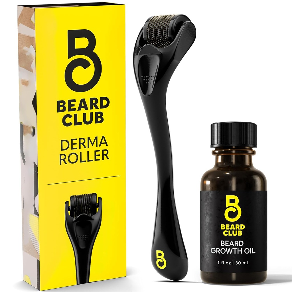 The Beard Club Derma Roller & Beard Growth Oil for Face, Body and Scalp Microneedling Roller for Men and Women with 540 Titanium Microneedles - Beard Roller for Hair & Beard