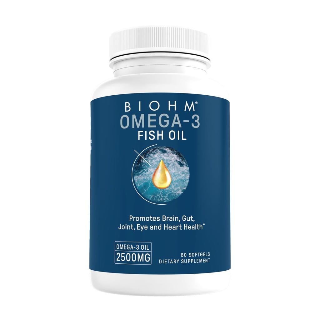 ΒΙΟΧΜ Ωμέγα-3 ιχθυέλαιο (2500mg, 60 Softgels) Υψηλής Ικανότητας 860mg EPA & 630mg DHA, Ωμέγα 3 λιπαρά οξέα συμπληρώματα για την υποστήριξη του εγκεφάλου, κοινή, μάτια, ήπαρ και την υγεία των ούλων, με βιώσιμη προέλευση
