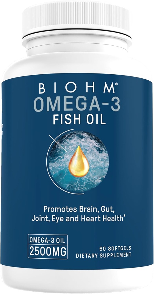 BIOHM Omega-3 Fish Oil (2500mg, 60 Softgels) High Potency 860mg EPA & 630mg DHA, Omega 3 Fatty Acid Supplements to Support Brain, Joint, Eye, Liver & Gut Health, Sustainably Sourced