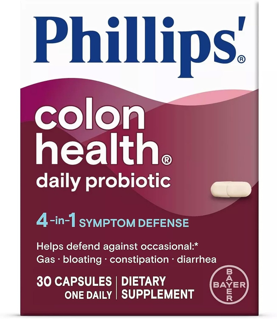 Υγεία του παχέος εντέρου Phillips' Daily Probiotic Κάψουλες, 4-σε-1 Άμυνα Συμπτωμάτων για να βοηθήσει στην άμυνα ενάντια Occasional Gas, Bloating, δυσκοιλιότητα, και Diarrhea, ημερήσιο συμπλήρωμα, 30 Count