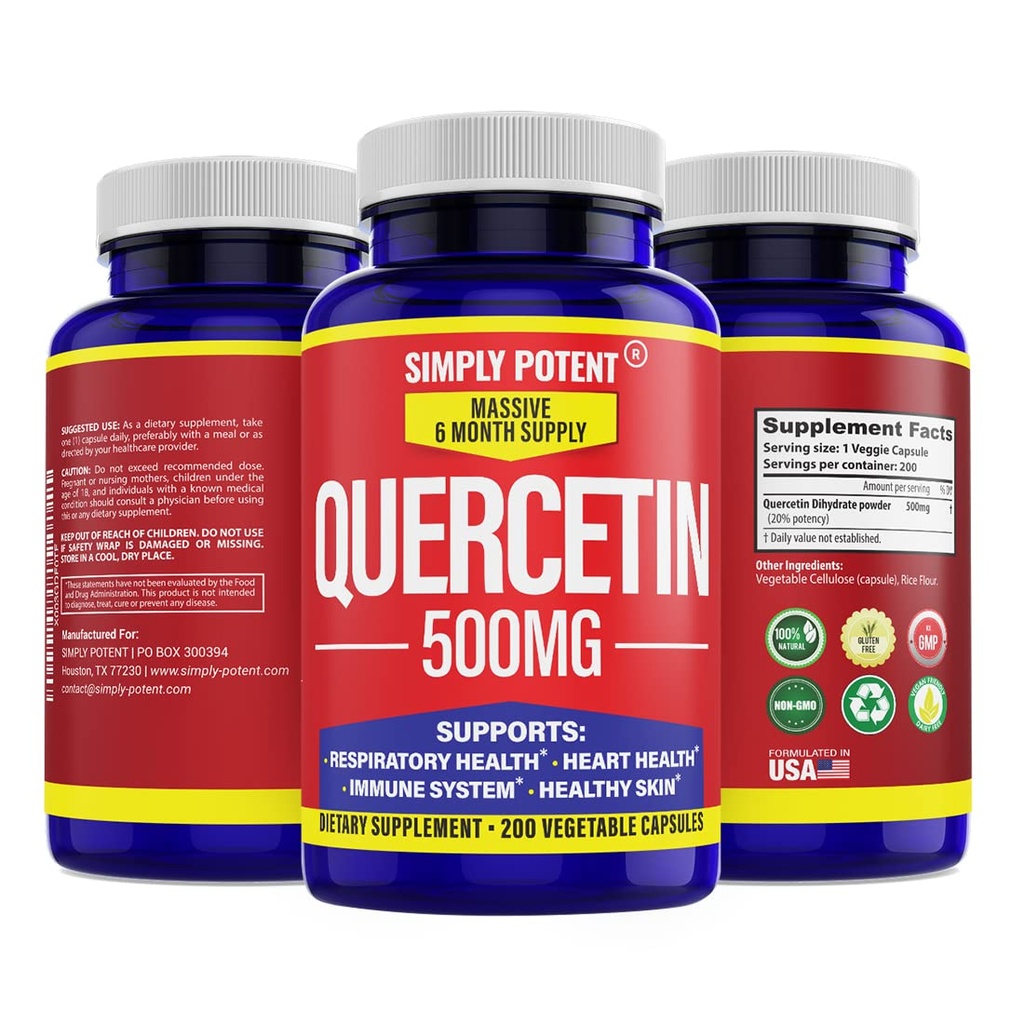 Simply Potent Quercetin Supplements, Quercetin 500mg 200 Capsules, 2 X Quercetin 250mg Phytosome Bioflavonoid Antioxidant Vegan Gluten Free Pills to Support Healthy Cellular Heart & Immune Functions