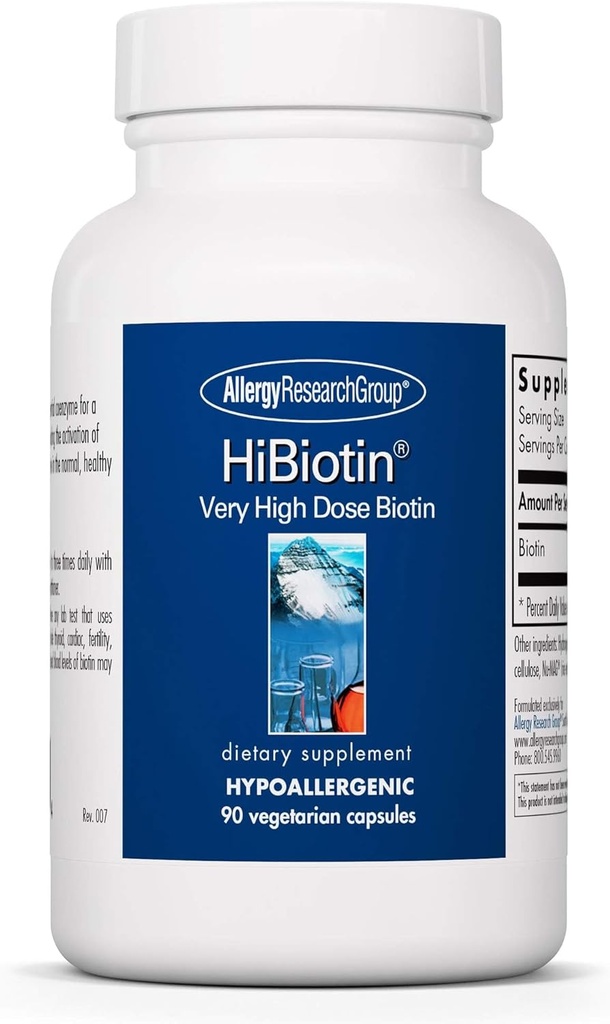 Ομάδα Έρευνας Αλλεργίας HiBiotin συμπλήρωμα - επιπλέον δύναμη χάπια βιοτίνης, κάψουλες χορτοφάγων, Hypoallergenic, χωρίς γλουτένη - 90 κόμης