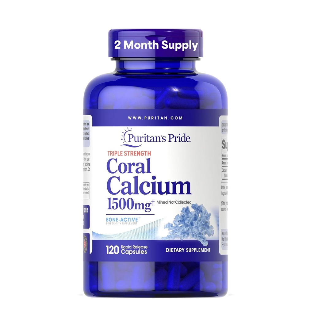 Puritan's Pride Triple Strength Coral Calcium 1500mg with Bone-Active™, Dietary Supplement for Heart, Nerve, and Muscle Support, 2 Month Supply, 120 Rapid Release Capsules