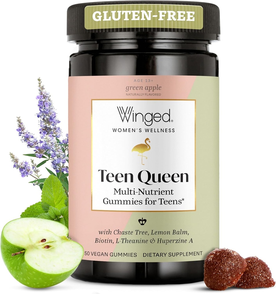 Winged Wellness Multivitamin Gummies for Teen Girls - Εφηβικές βιταμίνες για Mood & Hormonal Health - Vegan Gummy Supplement with Chaste Tree, Lemon Balm, L-Theanine, Probiotics & Biotin - 50 Gummies