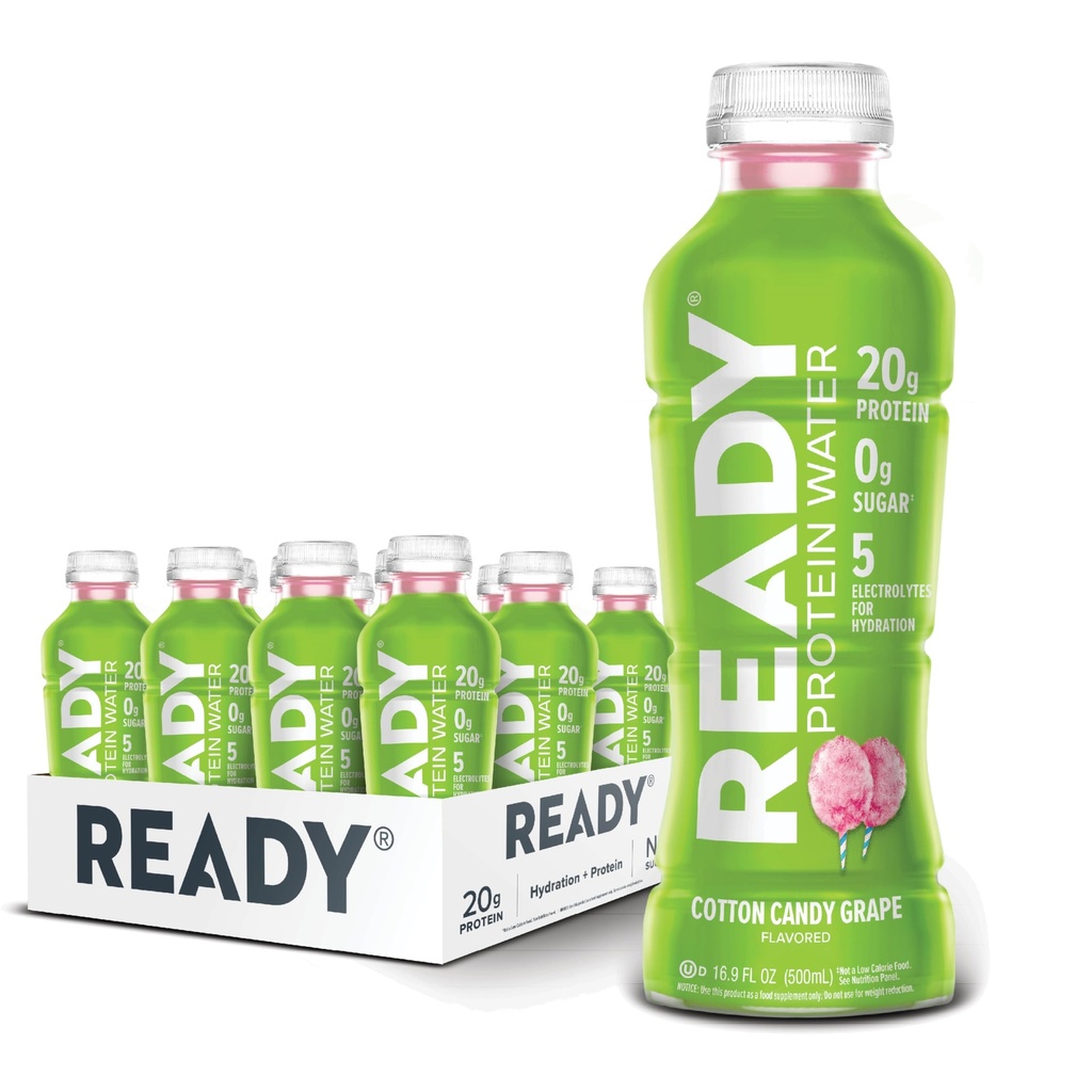 Ready® Protein Water – 20g Whey Protein Isolate, Zero Sugar, Low-Calorie Sports Drink for Hydration & Recovery – Ηλεκτρόλυτες, Απαραίτητα Αμινοξέα – Σταφύλι με Βαμβάκι, 16,9 fl oz Μπουκάλια (12-Pack)