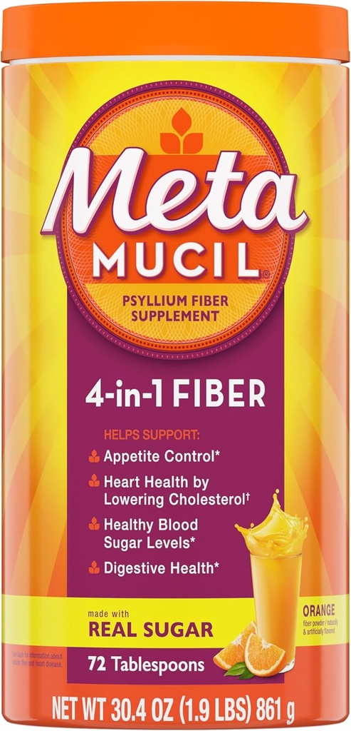 Metamucil 4-σε-1 Psyllium Husk Fiber Supplement, Real Sugar, 72 κουταλιές της σούπας, Πορτοκαλί Γεύση, Καθημερινή Fiber Σκόνη για Digestive Health, κατασκευασμένο με Φυτική Psyllium Husk Fiber
