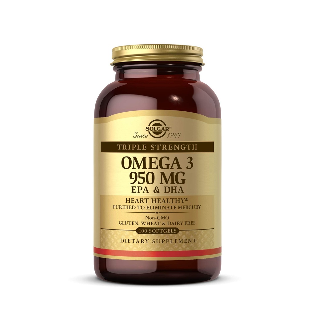 Solgar Triple Strength Omega-3 950 mg, 100 Softgels - Υποστηρίζει καρδιοαγγειακή, κοινή & δερματική υγεία - Συμπλήρωμα υγείας καρδιάς - Απαραίτητα λιπαρά οξέα - μη ΓΤΟ, χωρίς γλουτένη, χωρίς γαλακτοκομικά - 100 Count