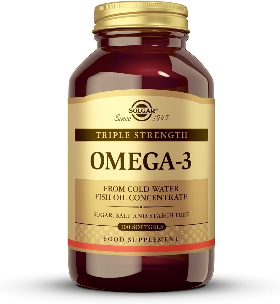 Solgar Triple Strength Omega-3 950 mg, 100 Softgels - Υποστηρίζει καρδιοαγγειακή, κοινή & δερματική υγεία - Συμπλήρωμα υγείας καρδιάς - Απαραίτητα λιπαρά οξέα - μη ΓΤΟ, χωρίς γλουτένη, χωρίς γαλακτοκομικά - 100 Count
