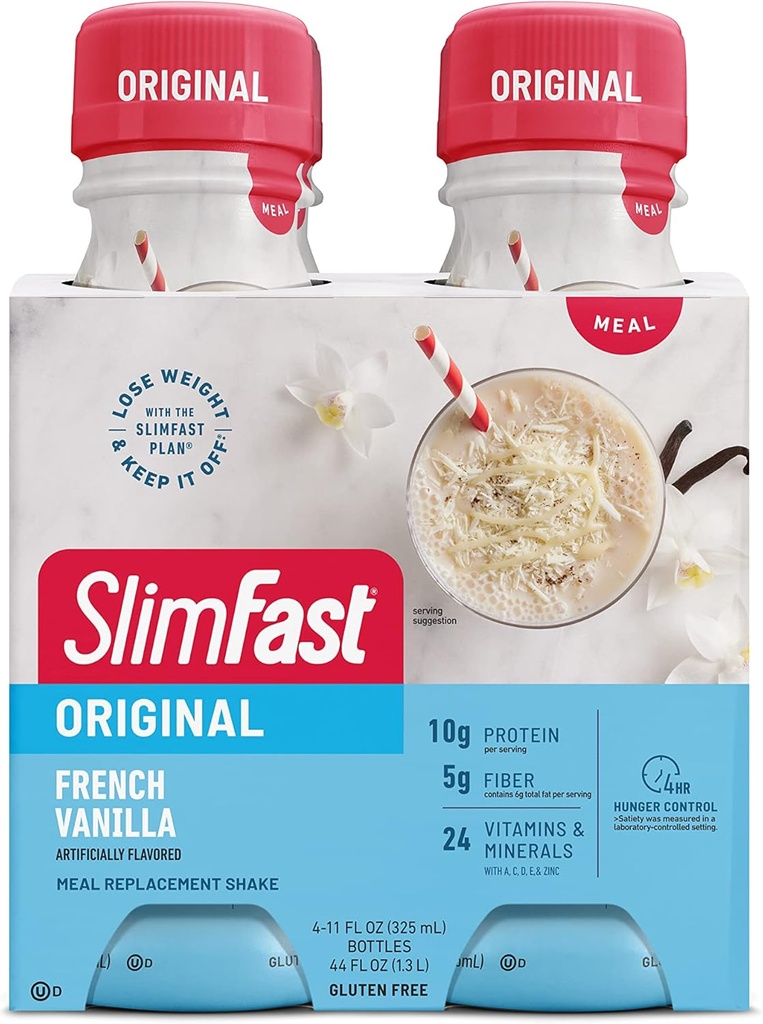 SlimFast Replacement Meal Shake, Πρωτότυπο Γαλλική Βανίλια, 10g Ready to Drink Protein for Weight Loss, 11 Fl. Oz Bottle, 4 Count (Packaging May Vary)