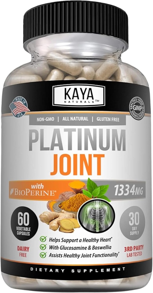Kaya Naturals Platinum - Nature Made Bioperine, Glucosamine, Turmeric with Boswellia, Healthy Antioxidant Properties, Turmeric Curcumin 1334mg - 60 Κάψουλες