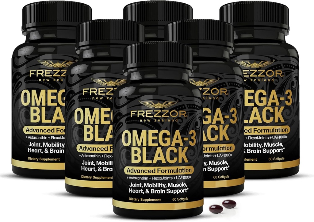 FREZZOR Omega 3 Μαύρο για Κοινή Φροντίδα & Άνεση - Νέα Ζηλανδία Πράσινο Lipped Mussel Oil Κάψουλες; 53x Υψηλότερη Ικανότητα με UAF1000+ Σούπερ Αντιοξειδωτικό, Χωρίς Αλιευτική Επίγευση, 450mg, 6-Pack, 360 Softgels