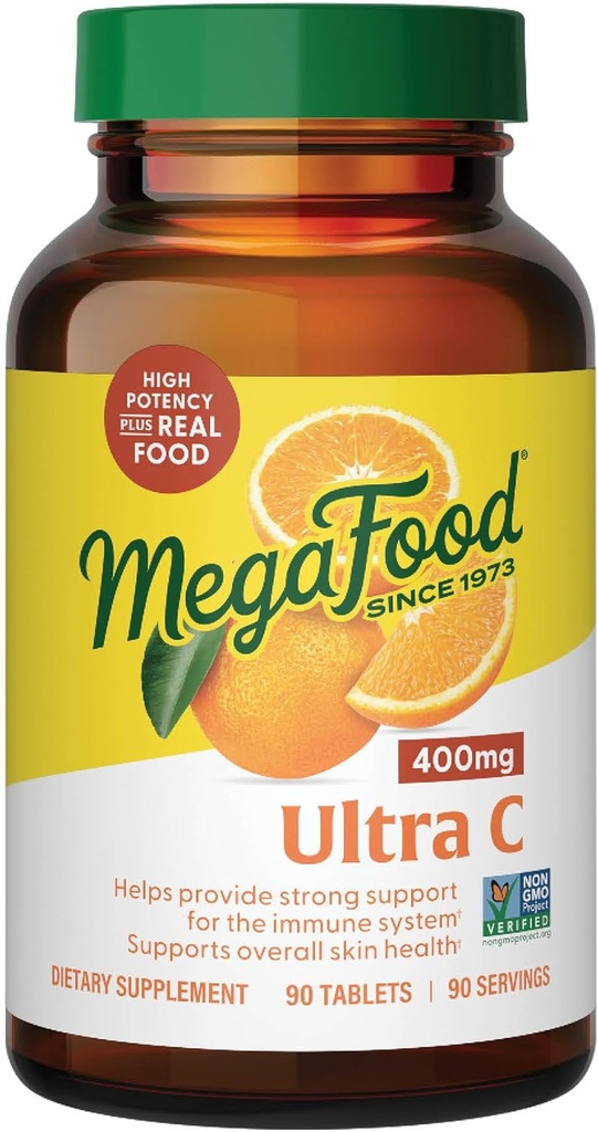 MegaFood Ultra C 400 mg - Vegan Immune Support Supplement with Vitamin C, Made with Real Food Including Broccoli, Carrot, Cranberry & Brown Rice, Gluten-Free, Kosher - 90 Tablets, 90 Servings