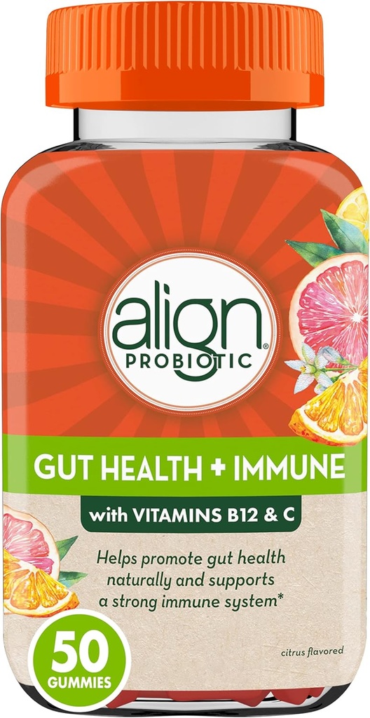 Ευθυγράμμιση Probiotic, Gut Health & Immunity Support, Probiotic for Women and Men, #1 Doctor Recommended Brand, Vitamin C and B12 for Immune Support & Energy, Citrus Flavor, 50 Gummies