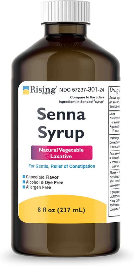 Rising Health Natural Vegetable Laxative - Senna Sennosides Syrup 8.8mg/5ml - Constipation Relief - Chocolate Flavor - Compared to Senokot® Syrup