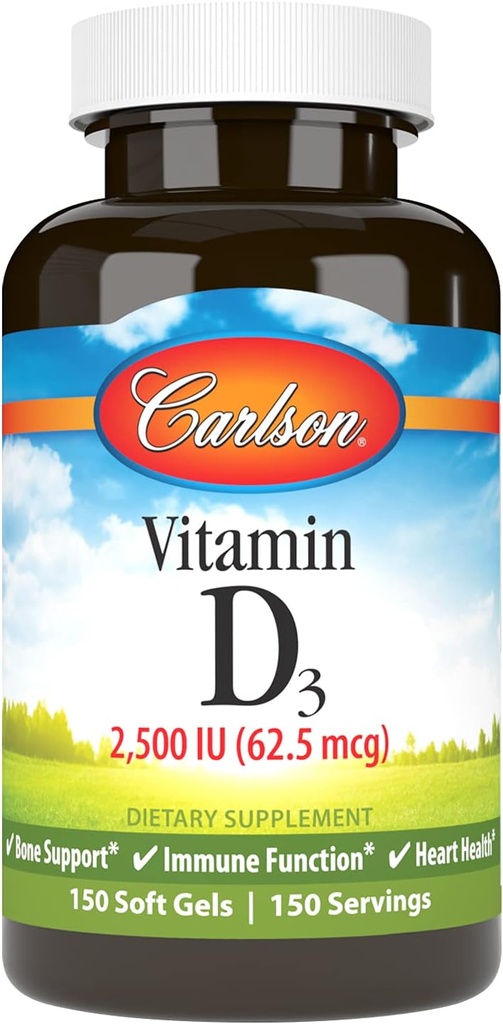 Carlson - Βιταμίνη D3, 2500 IU (62,5 mcg), Ανοσολογική Υποστήριξη, Υγεία των οστών, Μυική Υγεία, Χοληκαλσιφερόλη, Συμπληρώματα βιταμίνης D, Βιταμίνη D3 Μαλακά Γέλη, 150 Softgels
