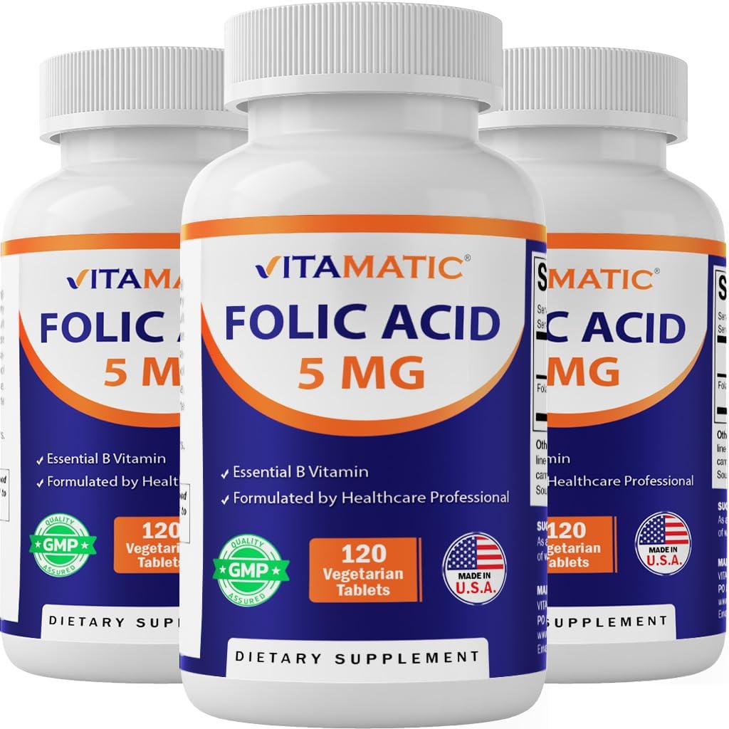 Vitamatic Folic Acid 5mg (5000 mcg) – 120 Vegetarian Tablets per Bottle – Vitamin B9 (Folate) – 3-Pack | Total 360 Tablets