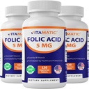 Vitamatic Folic Acid 5mg (5000 mcg) – 120 Vegetarian Tablets per Bottle – Vitamin B9 (Folate) – 3-Pack | Total 360 Tablets