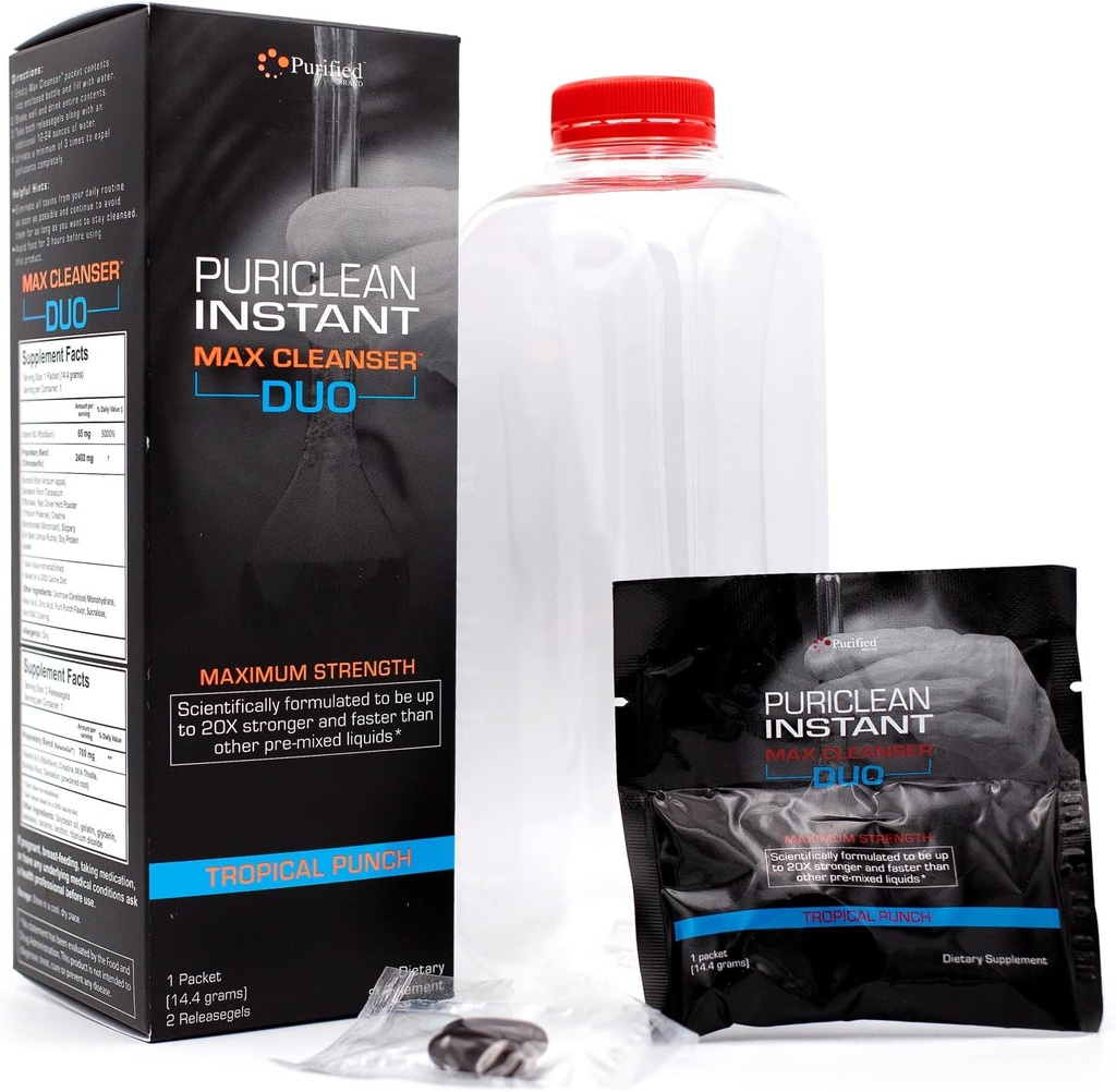 Wellgenix Puriclean Instant Max Cleanser Duo, 20X Ισχυρότερη ταχείας δράσης σκόνη & Softgels, Tropical Punch Flavor, Premium Herbal Cleanse Detox, Ιδανικό για ακραία επίπεδα τοξίνης, 1 πακέτο & 2 releasegels
