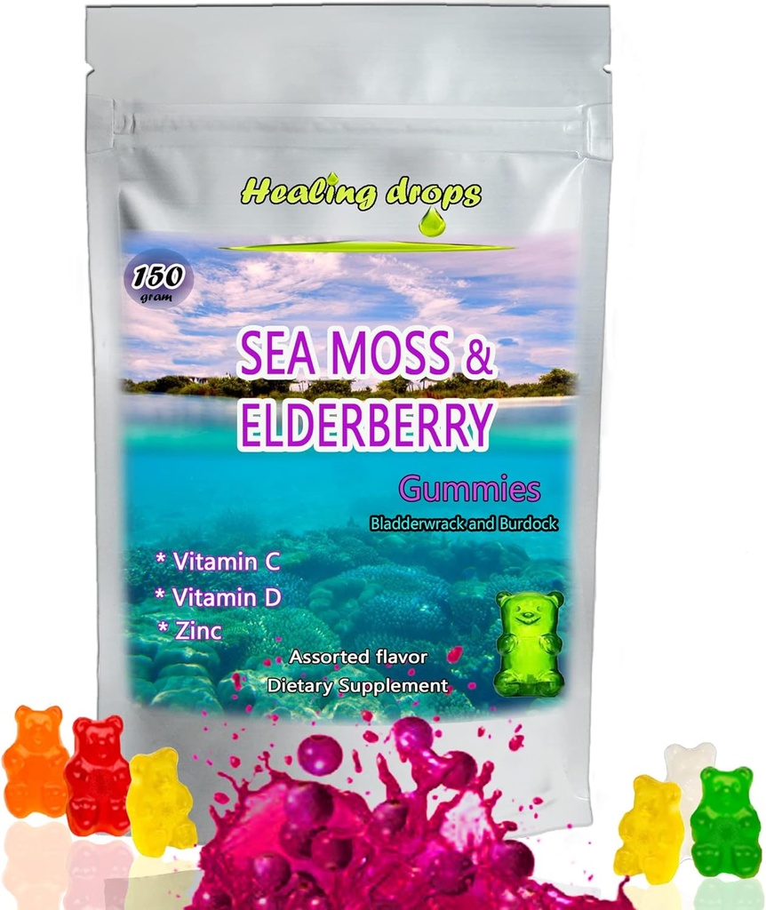 Ιρλανδέζικης θάλασσας Moss Gummies – Ακατέργαστη Βιολογική Wildcrated Sun-Dried Seamoss Powder Gel - με Bladderwrack Burdock Root – Αλκαλίνη Keto Vegan Μη-GMO Diet – Δερμάτινο Detox (Elderberry-Mix)
