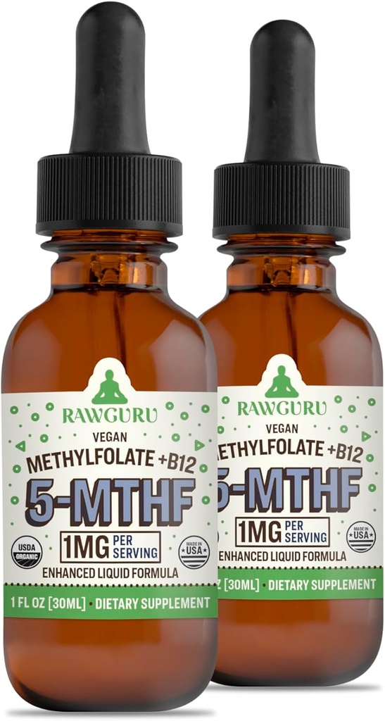 RawGuru Methylfolate 1mg+ Βιταμίνη B12 - Βιολογικό Vegan methylated B12 with Trace Minerals - Nano-Processed & Enhanced Liquid Formula - 300 Μερίδες Vegan Drops ανά 30 ml, Συσκευασία των 2