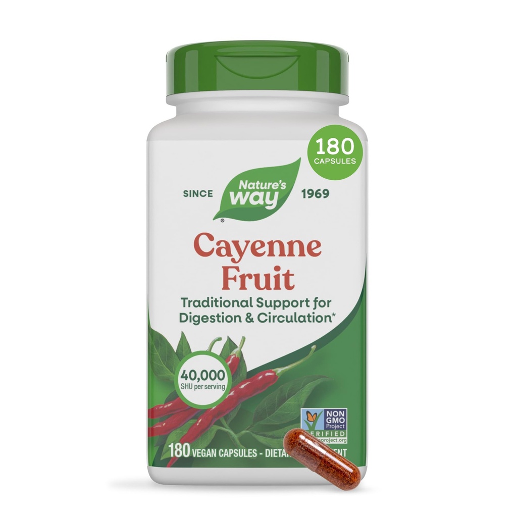 Nature's Way Cayenne Pepper Capses, Traditional Digetion & Circulation Support*, Καψαϊκίνη, Μη ΓΤΟ Έργο Επαληθευμένο, Χωρίς Γλουτένη, 180 Vegan Caps (Packaging May Vary)