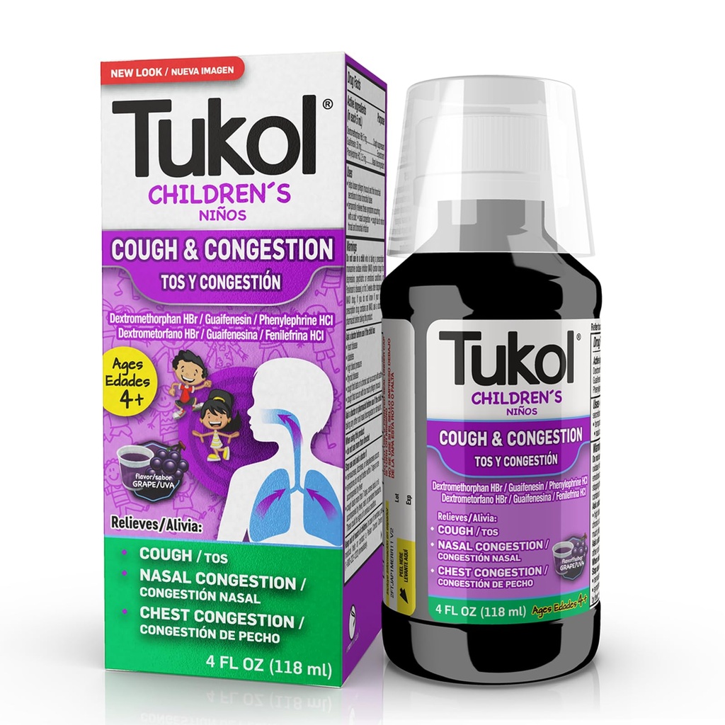 TUKOL Children's Cough Medicine - Βήχας & Συμφόρηση Ανακούφιση, Θηλαστικό για Παιδιά, Παιδικό Ψυχρό και Βήχα Ιατρική, Παιδικό Σιρόπι για Ηλικίες 4+ Γεύσεις Σταφυλιού 4 FL OZ