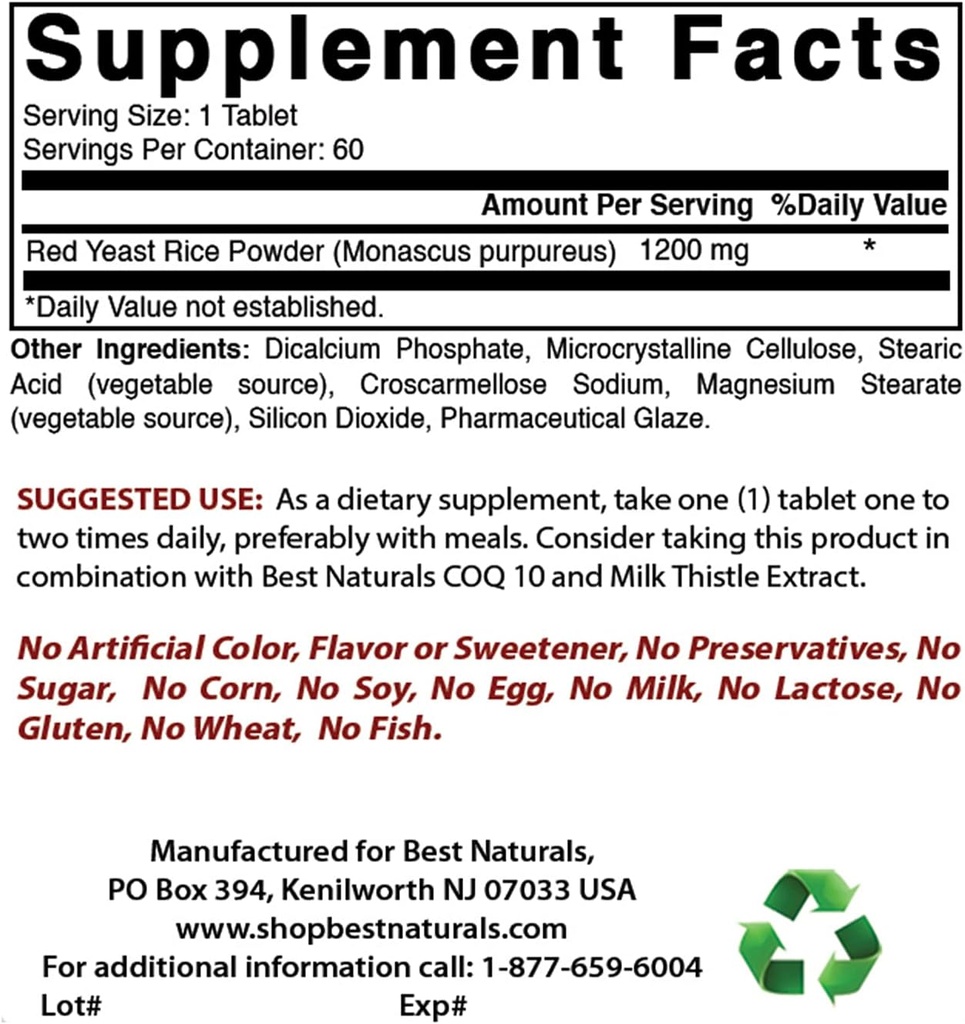 Best Naturals Red Yeast Rice 1200 Mg & Νιασίνη 500 mg