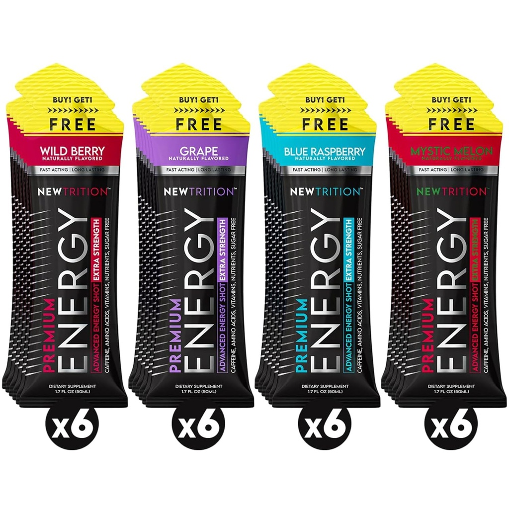 NewTrition® Extra Strength Energy Shots 1.7 fl oz (Pack of 24, 4 Flavors) - 250mg καφεΐνη με Β Βιταμίνες & Αμινοξέα, Χωρίς ζάχαρη Zero Calori Vitamin Energy Drink for Focus & Endurance (Mixed-1)