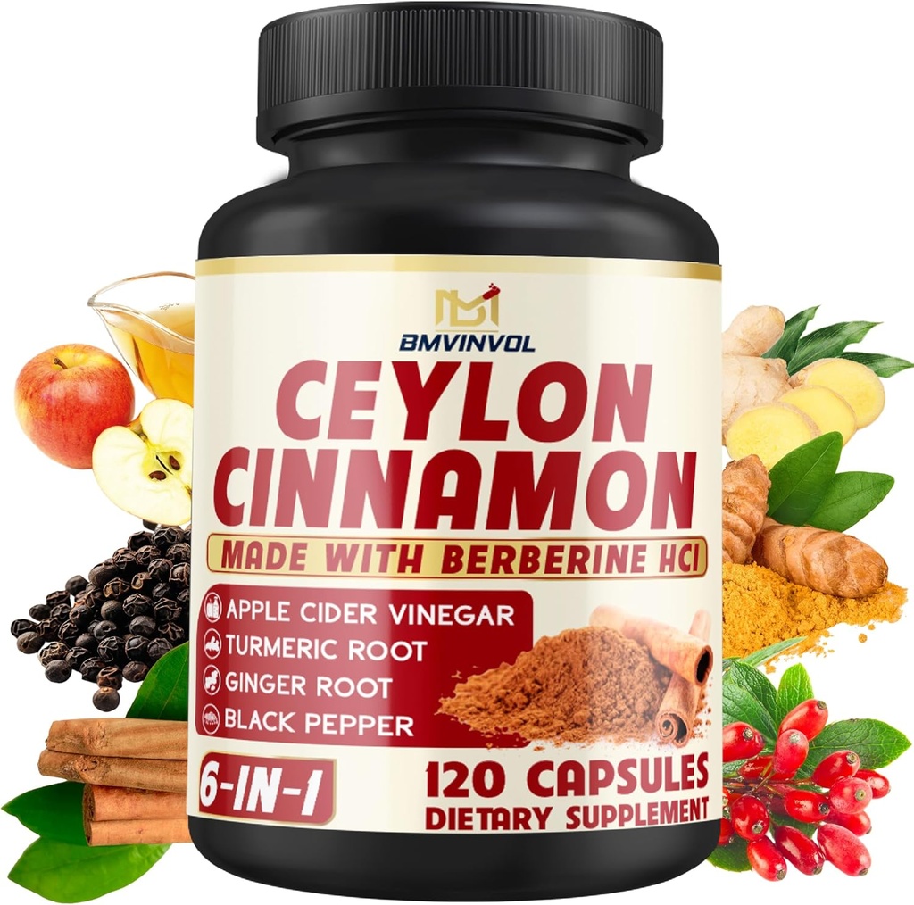 Ceylon Cinnamon Capsules with Berberine HCl, Apple Cider Vinegar, Turmeric, Ginseng, Black Pepper - 6in1 for Support Immune Function - 120 Count