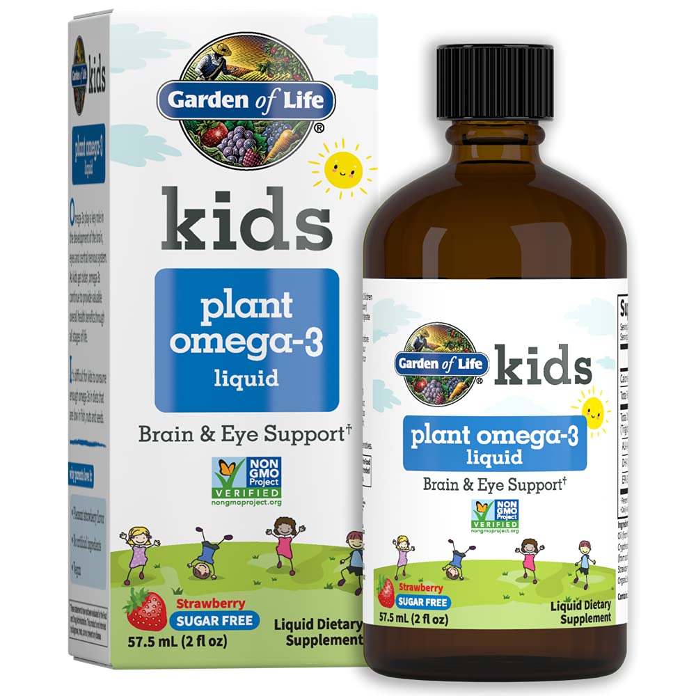 Garden of Life Kids Plant Omega-3 Liquid, Strawberry - Vegan Brain & Eye Support for Kids, Plant-based Children's Omega 3 ALA, DHA & EPA Supplement for Children, Sugar Free & Non-GMO - 2 fl oz Liquid