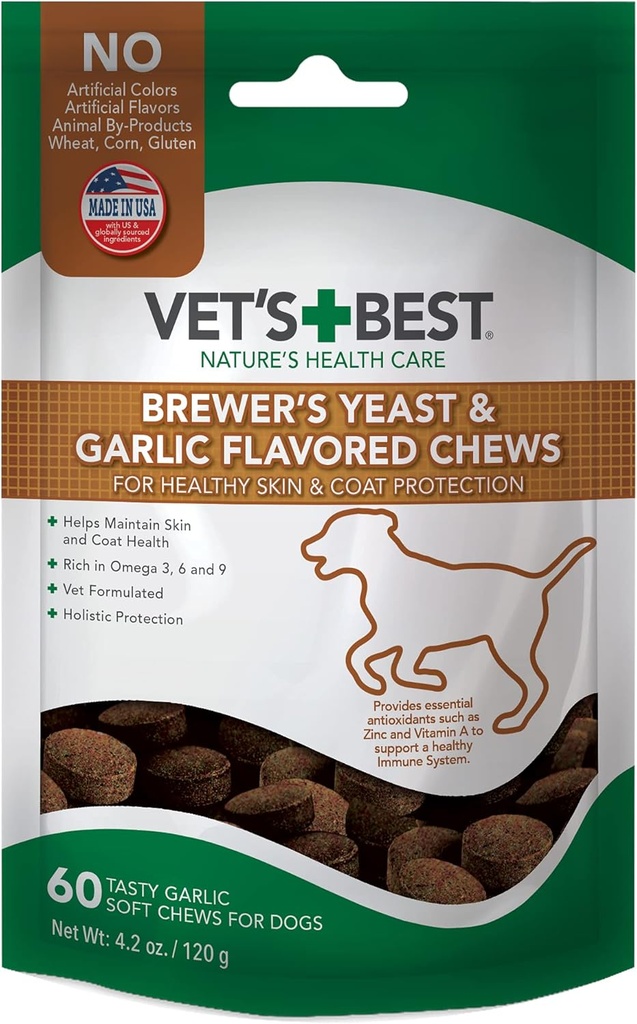 Βετ's Best Brewer’s Yeast & Garlic Chews, Omega 3 for Dogs Healthy Skin & Coat Protection for Dogs, Dog Formated with Veterinary Recommended Dossion, Σκόρδο Συμπληρώματα, 60 ct