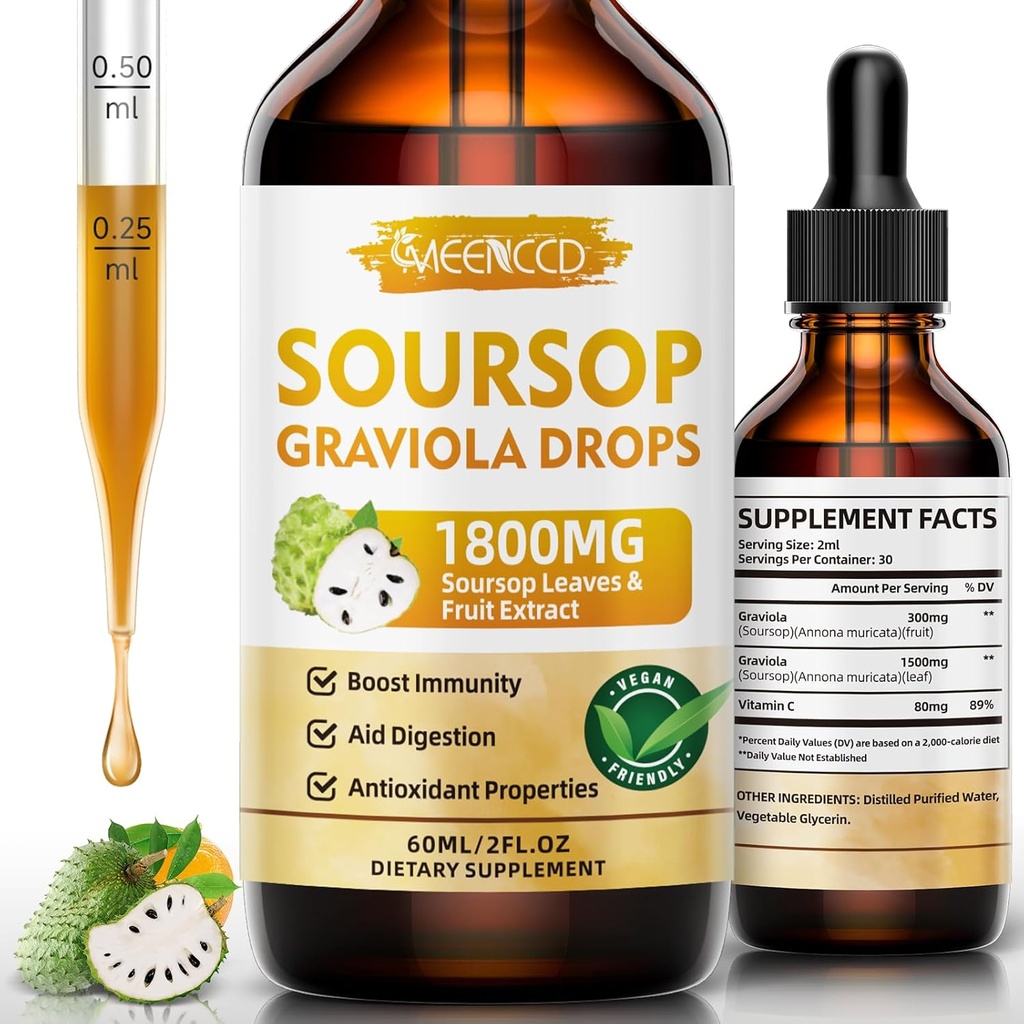 Soursop Graviola Υγρές σταγόνες 1800mg, φυσικό αντιοξειδωτικό, υποστήριξη & αναγέννηση κυττάρων, ανοσοενισχυτικό, υγρό bitters Soursop, χωρίς ζάχαρη, μη GMO, Vegan, γεύση πορτοκάλι, 2 OZ FL