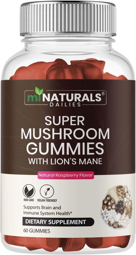 MINATURALS Super Mushroom Gummies for Adults, 10X Mushroom Supplement w/Lions Mane, Υποστηρίζει την υγεία του εγκεφάλου και του ανοσοποιητικού συστήματος, Όχι άλλα χάπια & κάψουλες