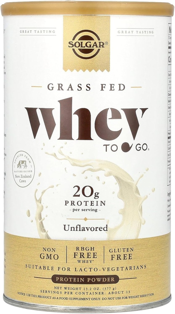 Solgar Grass Fed Whey to Go Protein Powder Unflavored, 11.2 oz - 20g of Grass-Fed Protein from New Zealand Cows - Great Tasting & Mixes Easily - Supports Strength & Recovery - Non-GMO, 13 Servings
