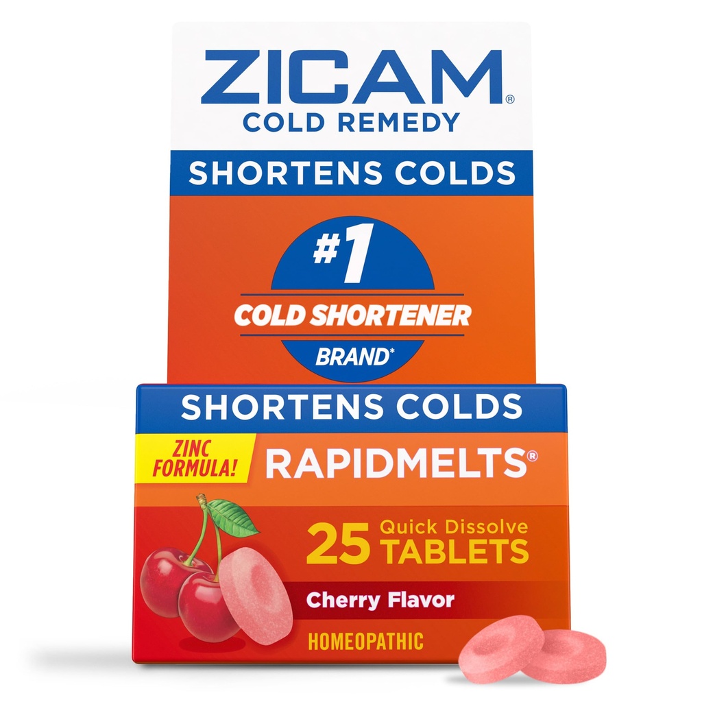 Zicam Cold Remedy RapidMelts, Homeopathic Cold Shortening Relief with Zinc for Nasal Congestion, Non‑Drowsy, Cherry, 25 Count