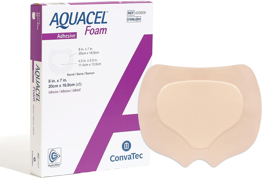 ConvaTec AQUACEL Αφρός 8"x7" Sacral Wound Dressing with Silicone Gel Adhesive, Αδιάβροχη, Ευέλικτη, Ιατρική Βαθμός με Υδροΐνες Τεχνολογία, Στείρα, Ορθογώνιο, 5ct Box