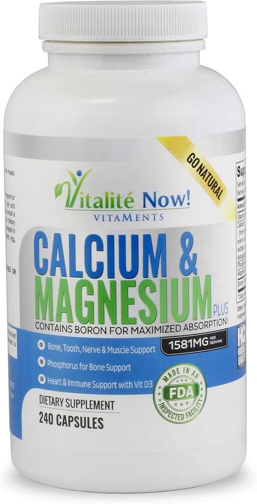 Best Calcium & Magnesium + Vitamin D3 400 IU - Highly Absorbable with Boron - 10 Forms of Calcium + Phosphorus for Bone Strength - All Natural - 240 Capsules - 2 Month Supply!
