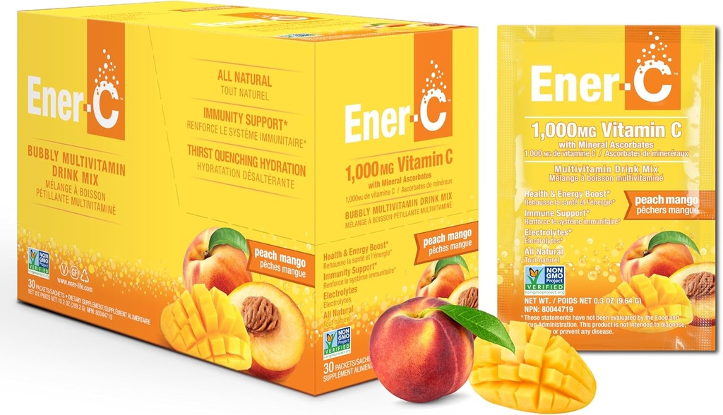 Ener-C Ροδάκινο Mango Πολυβιταμινικό ποτό Μίγμα σκόνης Βιταμίνη C 1000mg & ηλεκτρολύτες με πραγματικό χυμό φρούτων Φυσική ενέργεια & ανοσοποιητική υποστήριξη για τις γυναίκες & τους άνδρες - μη ΓΤΟ Vegan & Gluten Free - 30 Count