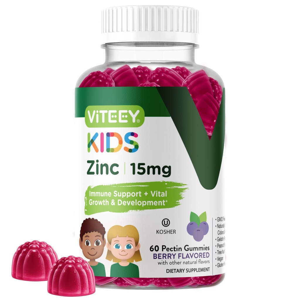 Viteey Ψευδάργυρος για παιδιά Gummies, 15mg - Ανοσοποιητική Υποστήριξη - Ισχυρό φυσικό αντιοξειδωτικό, Παιδικό συμπλήρωμα βιταμίνης ψευδάργυρου - Vegan, Ζελατίνη δωρεάν, Γλουτένη χωρίς - Νόστιμο μασώμενο Gummy γεύσης μούρου
