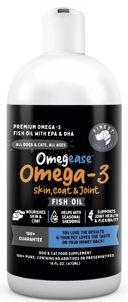 Omegease Fish Oil for Dogs & Cats - Finest for Pets Omega 3 for Cats & Dogs - Συμπλήρωμα για το δέρμα & το λίπος, φαγούρα, χύτευση, αρθρώσεις & ανοσοποιητικό υγεία - 100% Αμιγές Ωμέγα ιχθυέλαιο με EPA & DHA (16 oz)