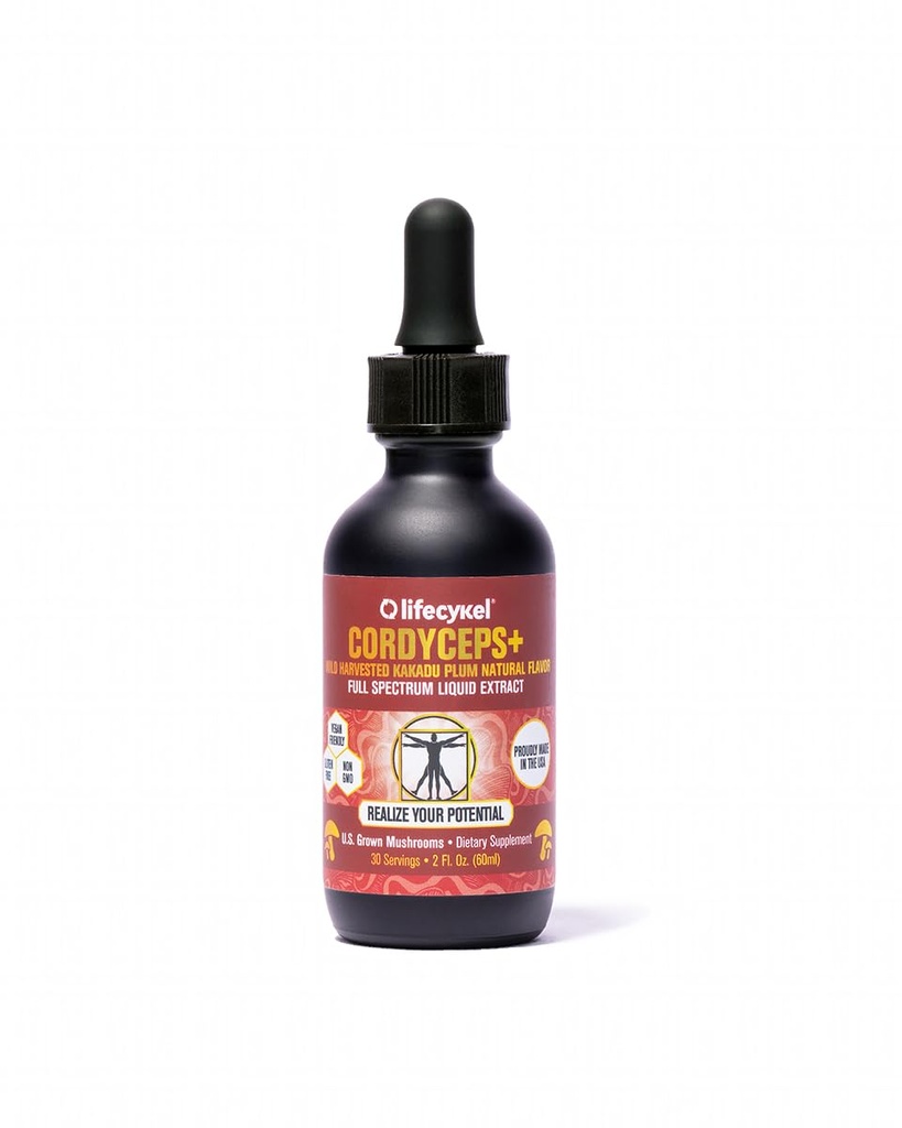 Lifecykel Cordyceps Mushroom Extract w/Kakadu Plum- Natural Energy Supplement for Fatigue & Stamina- Mycelium Vitamin C Antioxidants Non-GMO Βιολογικά Μανιτάρια Made in US, 2 Fl oz (Packaging May Vary)