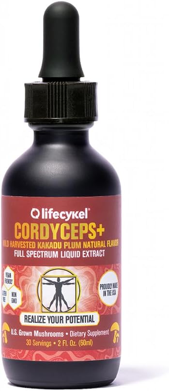 Lifecykel Cordyceps Mushroom Extract w/Kakadu Plum- Natural Energy Supplement for Fatigue & Stamina- Mycelium Vitamin C Antioxidants Non-GMO Organic Mushrooms Made in US, 2 Fl oz (Packaging May Vary)