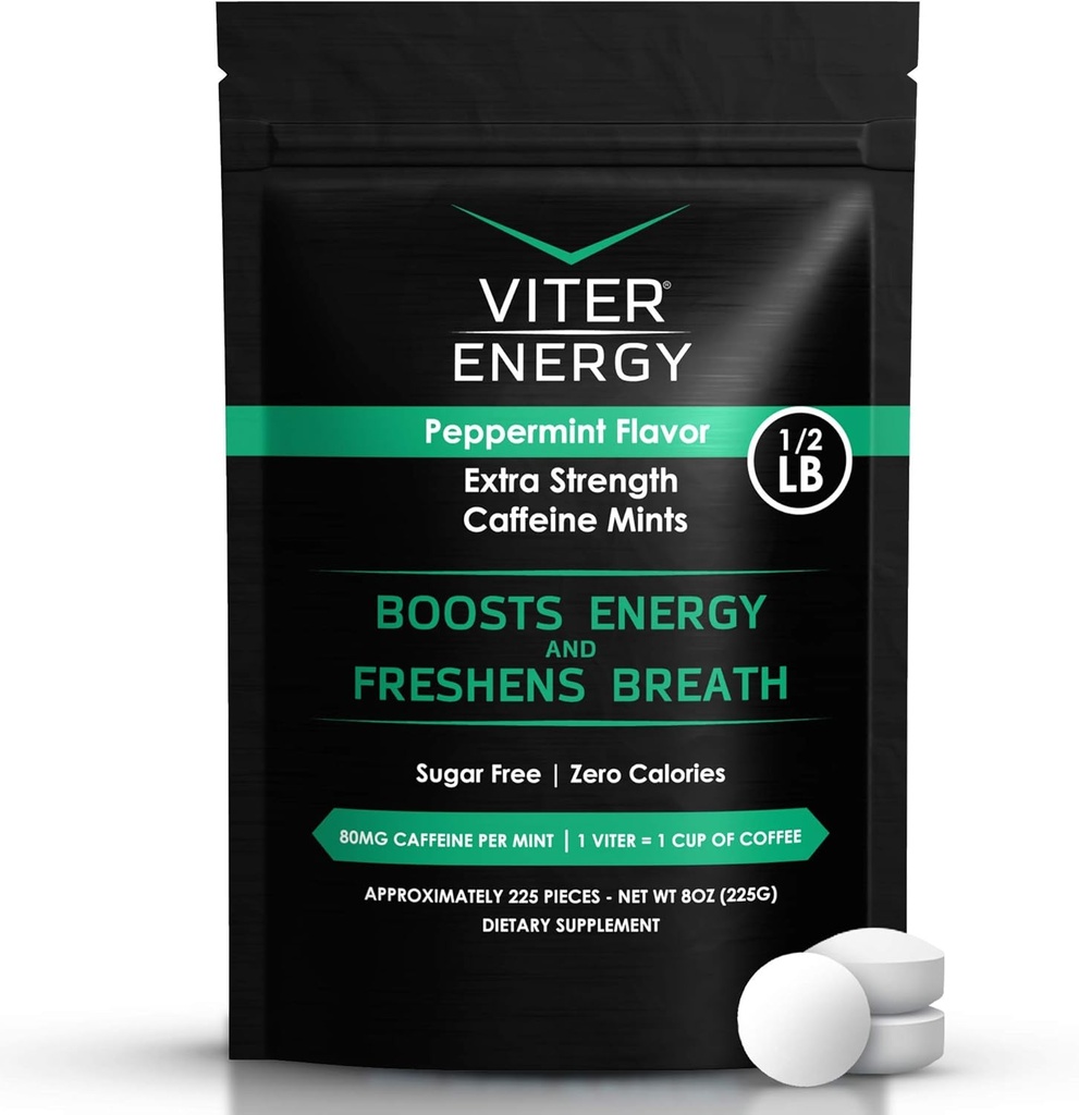 Viter Energy Extra Strength Caffeinated Mints 80mg Caffeine, B Βιταμίνες, Χωρίς ζάχαρη. (Peppermint, 8oz, Bulk Bag)