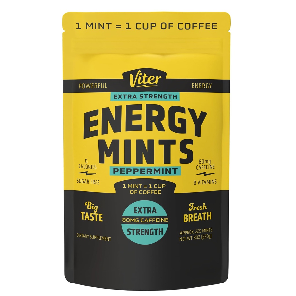 Viter Energy Extra Strength Caffeinated Mints 80mg Caffeine, B Vitamins, Sugar Free. (Peppermint, 8oz, Bulk Bag)