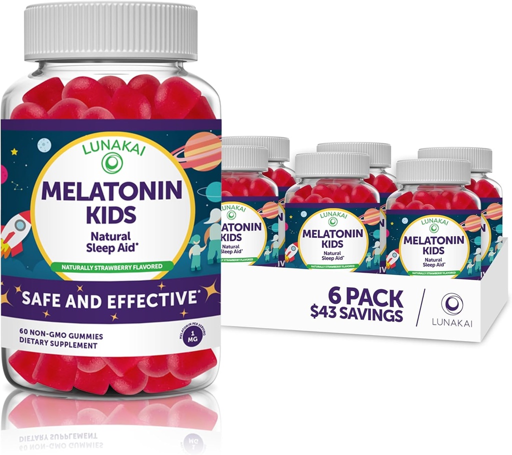 Lunakai Kids Melatonin Gummies 1mg - Νόστιμη ιδιόκτητη Φόρμουλα - Μη-ΓΤΟ, Vegan, Χωρίς γλουτένη Συμπληρώματα χαμηλής δόσης για παιδιά - Φυσικός ύπνος Gummy για παιδιά 2 ετών + - (6 Pack)