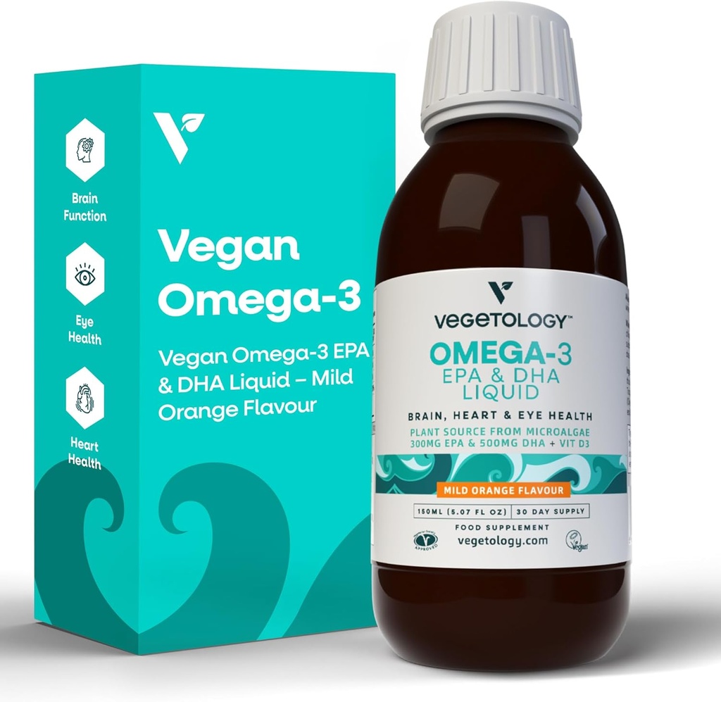 Vegan Omega 3 Liquid, από Microalgae, 800mg EPA DHA, με βιταμίνη D3, υποστηρίζει την καρδιά, τον εγκέφαλο, και την υγεία των ματιών, Natural Fish Oil Alternative, UK Made, Ήπιο πορτοκάλι Γεύση