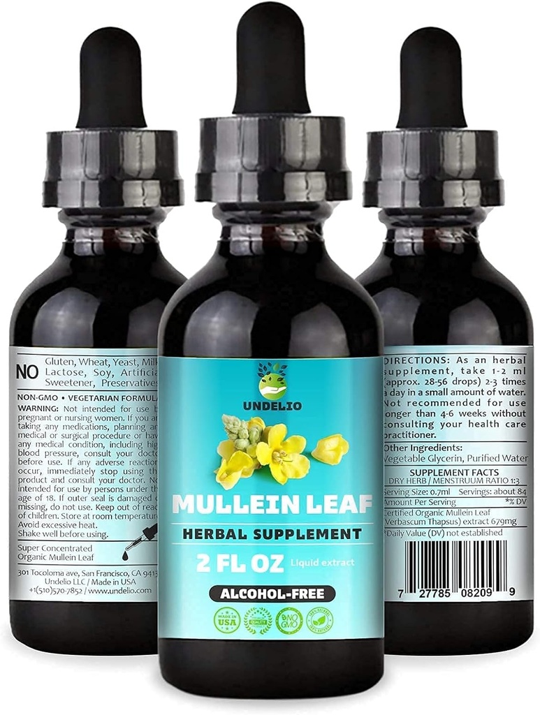 Udelio's Herbal Mullein Leaf Extract - Βιολογικό & Αλκοόλ-ελεύθερο Βάμμα για την αναπνευστική, πνεύμονα, τον ύπνο & την πνεύμονα Υποστήριξη - Non-GMO, Vegan - 2 fl. Oz για την ανοσοποιητική υγεία & Lung Detox