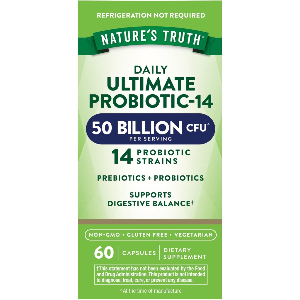 Nature's Truth Probiotic for Women and Men | 50 Billion CFU | 14 Probiotic Strains | 60 Capsules | Stomach Friendly | 200mg Prebiotics | Vegetarian, Non-GMO & Gluten Free Supplement
