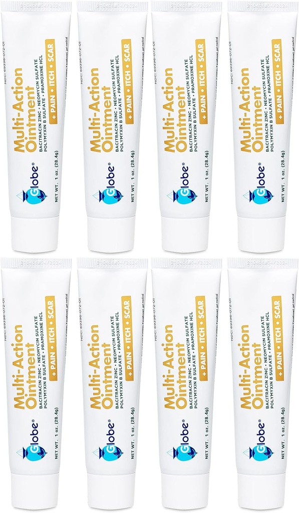 Globe Multi-Action Ointment | Antibiotic Pain-Relieving, Anti-Itch, & Scar Minimizer | First Aid Ointment with Neomycin, Bacitracin, Pramoxine HCl & Polymyxin B| Treats Minor Cuts, Scrapes & Burns (8)